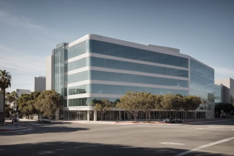 a sleek, modern office building gleams under the bright southern california sun.