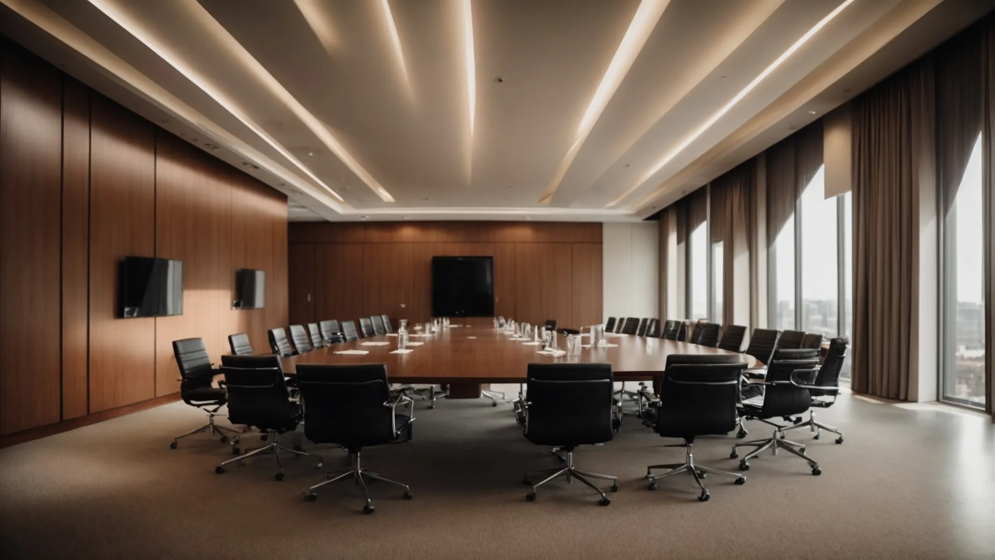 a polished conference room with a large table surrounded by chairs, indicating a professional meeting about to take place.