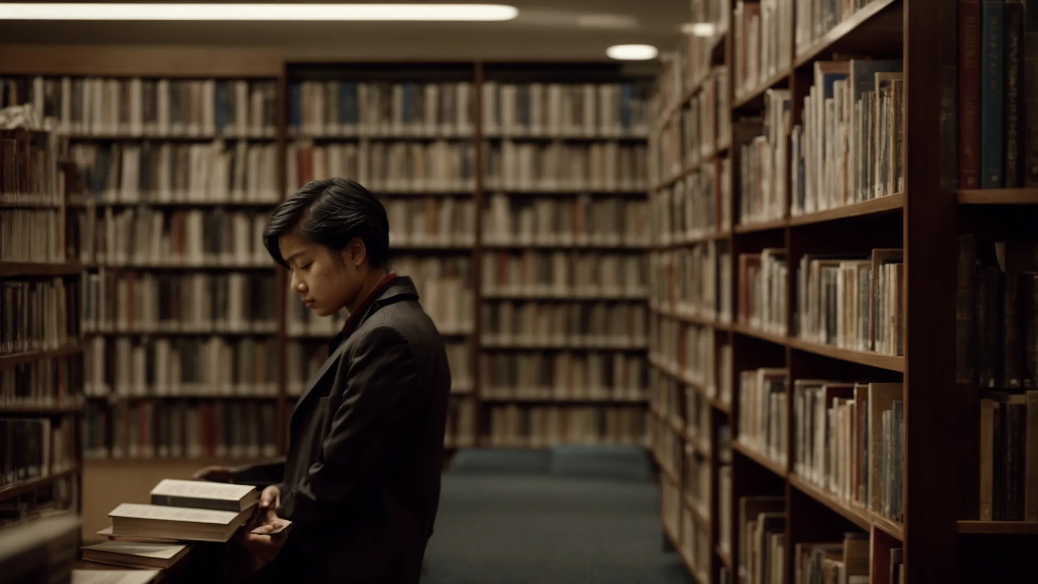 a person with a thoughtful expression browsing through thick law books in a library.