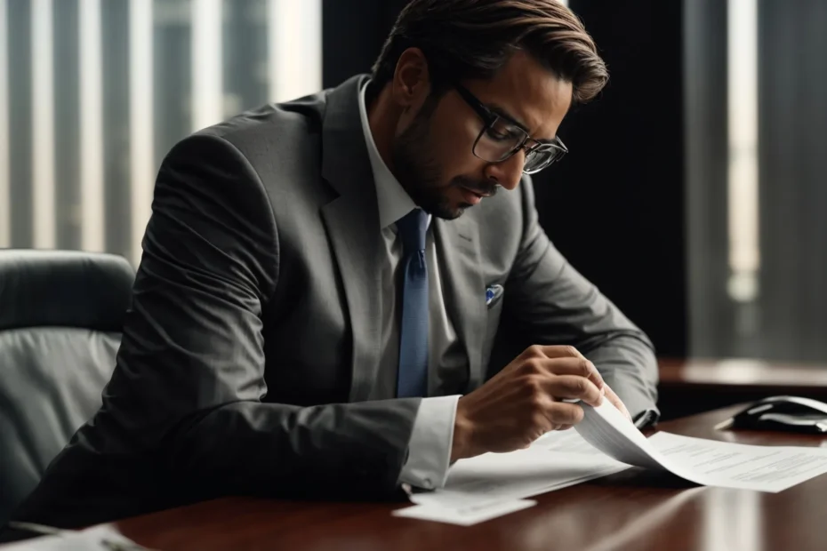 a businessman looks worriedly at a legal document on a table in a conference room.