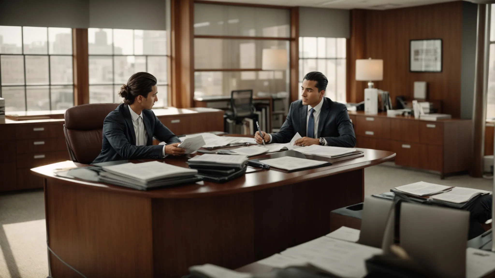 a business owner and an attorney sit across from each other at a large, organized desk in a well-lit office, discussing documents spread out in front of them.